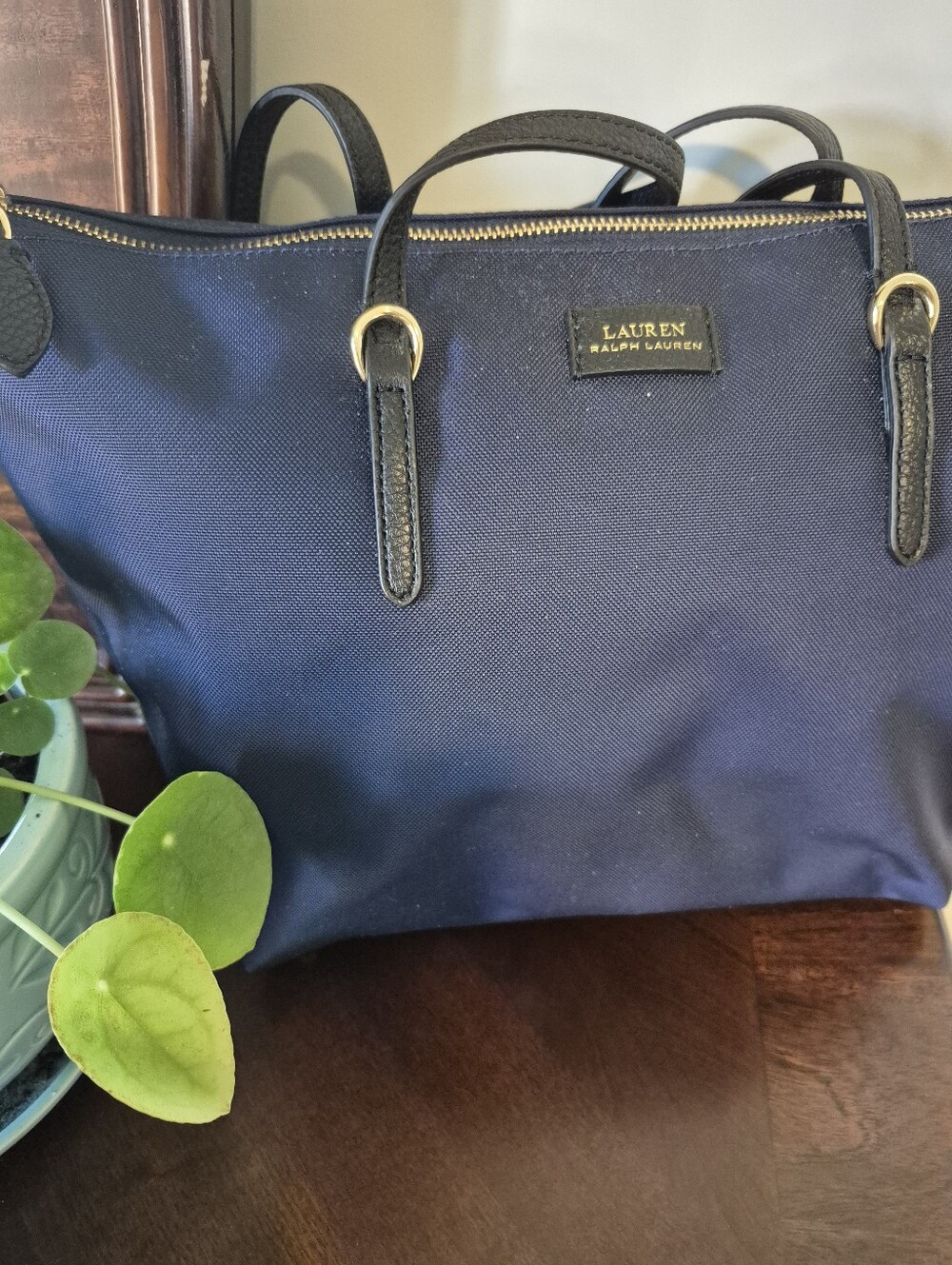 LAUREN Ralph Lauren Navy  Nylon Tote with Gold Hardware. Black Leather Handle - Picture 2 of 5